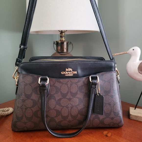 Coach CH488 Darcie Carryall Black Brown Signature Canvas Leather Satchel Bag - Picture 16 of 16